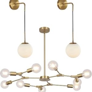 KCO Lighting Set of 2 Frosted White Glass Wall Sconce Brass Gold Globe Ball Wall Light 9-Light Modern Sputnik Chandelier ndustrial Flush Mount Ceiling Light Fixture