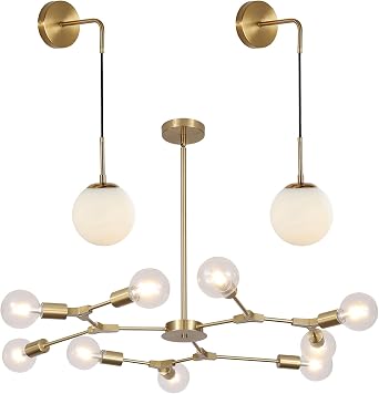 KCO Lighting Set of 2 Frosted White Glass Wall Sconce Brass Gold Globe Ball Wall Light 9-Light Modern Sputnik Chandelier ndustrial Flush Mount Ceiling Light Fixture