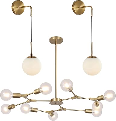KCO Lighting Set of 2 Frosted White Glass Wall Sconce Brass Gold Globe Ball Wall Light 9-Light Modern Sputnik Chandelier ndustrial Flush Mount Ceiling Light Fixture - Image 2