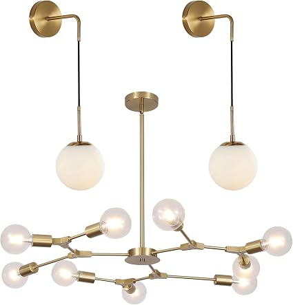 KCO Lighting Set of 2 Frosted White Glass Wall Sconce Brass Gold Globe Ball Wall Light 9-Light Modern Sputnik Chandelier ndustrial Flush Mount Ceiling Light Fixture - Image 3