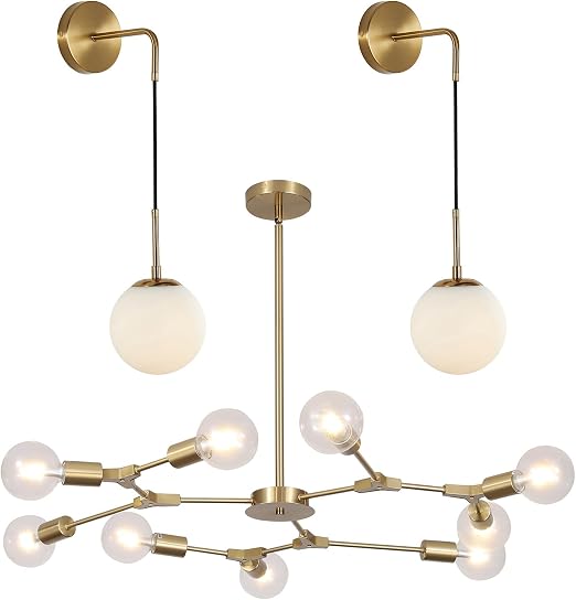 KCO Lighting Set of 2 Frosted White Glass Wall Sconce Brass Gold Globe Ball Wall Light 9-Light Modern Sputnik Chandelier ndustrial Flush Mount Ceiling Light Fixture - Image 5