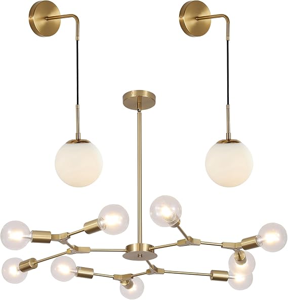 KCO Lighting Set of 2 Frosted White Glass Wall Sconce Brass Gold Globe Ball Wall Light 9-Light Modern Sputnik Chandelier ndustrial Flush Mount Ceiling Light Fixture - Image 6