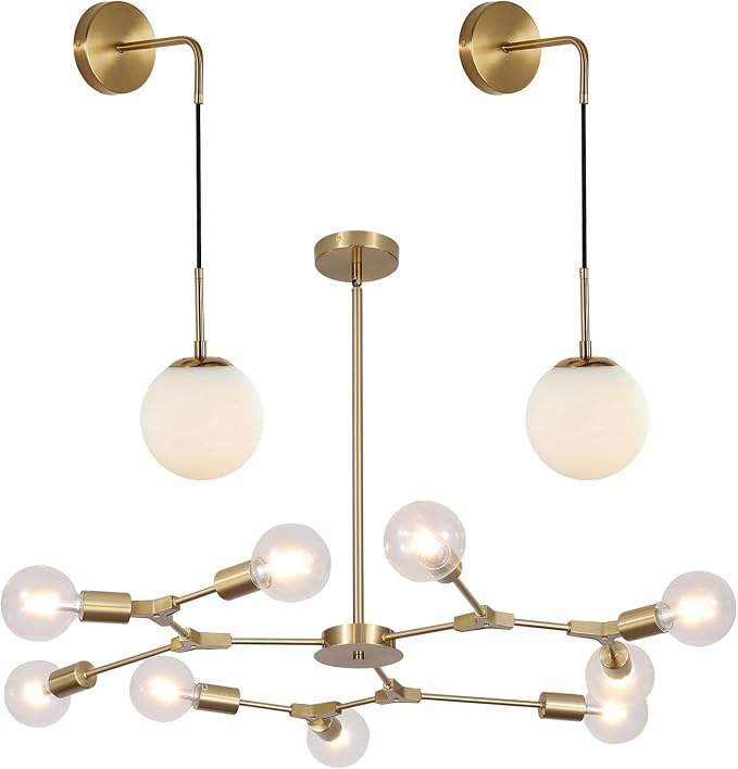 KCO Lighting Set of 2 Frosted White Glass Wall Sconce Brass Gold Globe Ball Wall Light 9-Light Modern Sputnik Chandelier ndustrial Flush Mount Ceiling Light Fixture - Image 7
