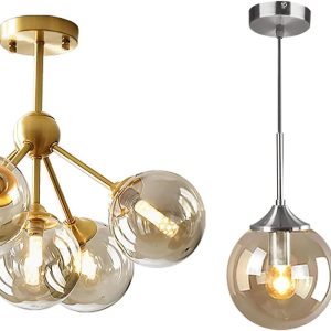KCO Lighting 5-Light Amber Glass Globe Chandelier Brush Gold Semi Flush Mount Ceiling Light Large Globe Pendant Light Amber Glass Pendant Lighting Brushed Nickel Hanging Pendant Lamp