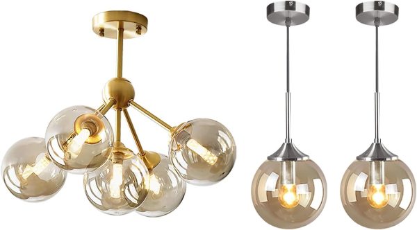 KCO Lighting 5-Light Amber Glass Globe Chandelier Brush Gold Semi Flush Mount Ceiling Light Large Globe Pendant Light Amber Glass Pendant Lighting Brushed Nickel Hanging Pendant Lamp