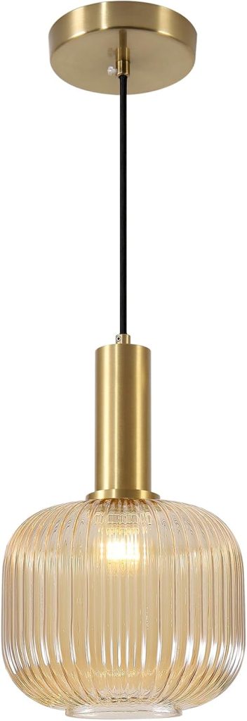 KCO Lighting MCM Gold 7.9" Amber Ribbed Glass Pendant Lights Kitchen Island