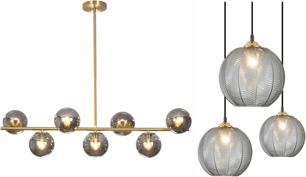 KCO Lighting Mid Century Modern Linear Sputnik Chandelier Gold Kitchen Island Pendant Light Glass Globe Dining Room Cluster Ceiling Pendant Light Fixture