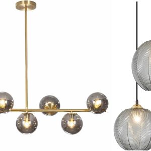 KCO Lighting Mid Century Modern Linear Sputnik Chandelier Gold Kitchen Island Pendant Light Glass Globe Dining Room Cluster Ceiling Pendant Light Fixture