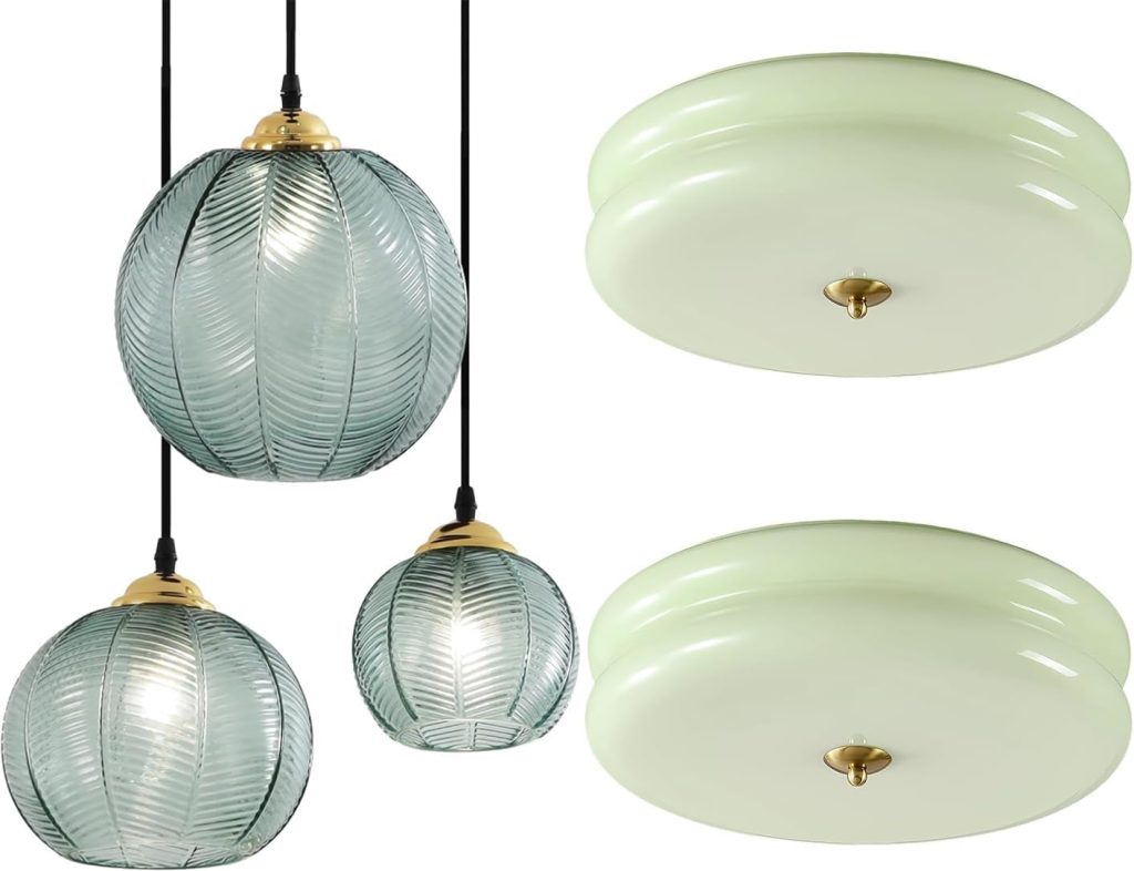 KCO Lighting 3-Light Modern Green Striped Glass Pendant Light Nordic Ribbed Glass Cluster Chandelier Mid Century Modern LED Flush Mount Ceiling Light Mint Green Glass Hallway Ceiling Light
