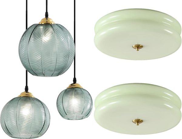 KCO Lighting 3-Light Modern Green Striped Glass Pendant Light Nordic Ribbed Glass Cluster Chandelier Mid Century Modern LED Flush Mount Ceiling Light Mint Green Glass Hallway Ceiling Light