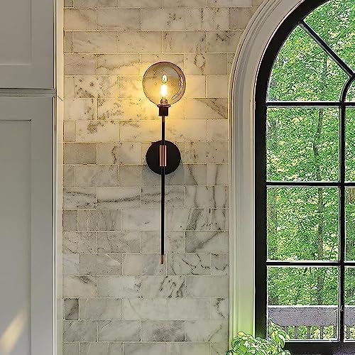 KCO Lighting Modern Glass Globe Wall Sconce Light Set of Two Brass and Black Large Light Contemporary Smoke Glass Hallway Long Sconce Wall Light Set of 2 - Image 5