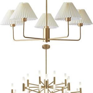 KCO Lighting 5-Lights White Pleated Fabric Pendant Light Mid Century Modern Brushed Gold Sputnik Chandelier Brushed Brass 40-Lights LED Sputnik Chandelier