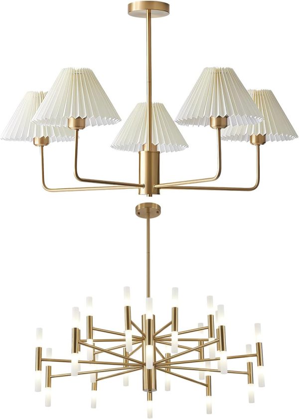 KCO Lighting 5-Lights White Pleated Fabric Pendant Light Mid Century Modern Brushed Gold Sputnik Chandelier Brushed Brass 40-Lights LED Sputnik Chandelier