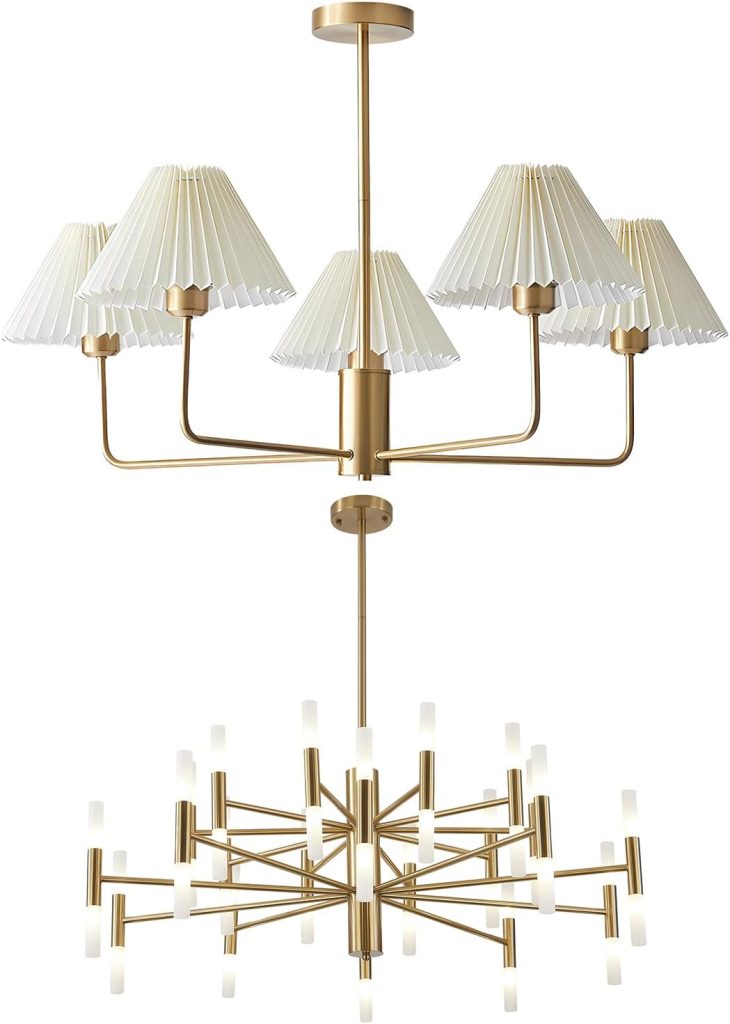 KCO Lighting 5-Lights White Pleated Fabric Pendant Light Mid Century Modern Brushed Gold Sputnik Chandelier Brushed Brass 40-Lights LED Sputnik Chandelier