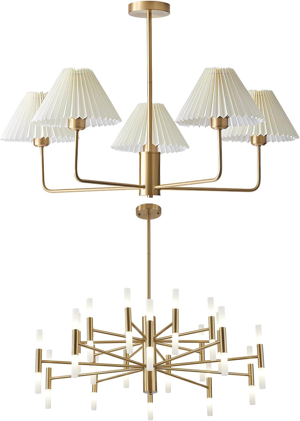KCO Lighting 5-Lights White Pleated Fabric Pendant Light Mid Century Modern Brushed Gold Sputnik Chandelier Brushed Brass 40-Lights LED Sputnik Chandelier