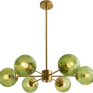 KCO Lighting 6-Light Green Glass Ceiling Pendant Light Modern Globe Semi Flush Mount Ceiling Chandelier Vintage Brass Gold Sputnik Chandelier Lighting for Kitchen Living Room Dining Room