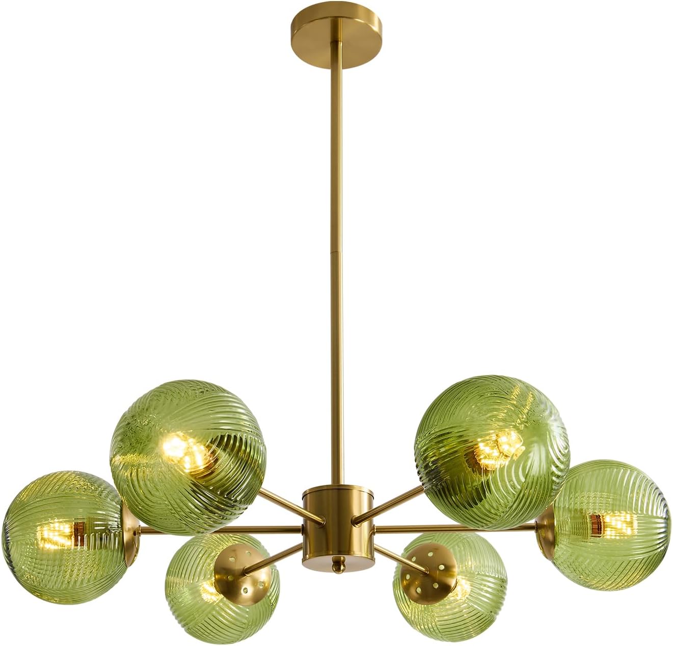 KCO Lighting 6-Light Green Glass Ceiling Pendant Light Modern Globe Semi Flush Mount Ceiling Chandelier Vintage Brass Gold Sputnik Chandelier Lighting for Kitchen Living Room Dining Room