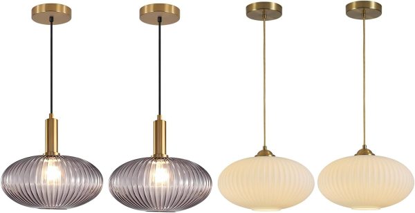 KCO Lighting Mid Century Modern Gold Glass Pendant Lighting Smoke Grey Globe Kitchen Island Pendant Lamp White Ribbed Glass Pendant Light Modern Antique Brass Pendant Light