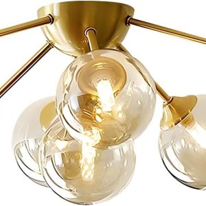 KCO Lighting 7-Lights Mid Century Modern Flush Mount Ceiling Light Overhead Amber Glass Globe Sputnik Chandelier Ceiling Light Fixture Brass Gold Bedroom Living Room Ceiling Lighting