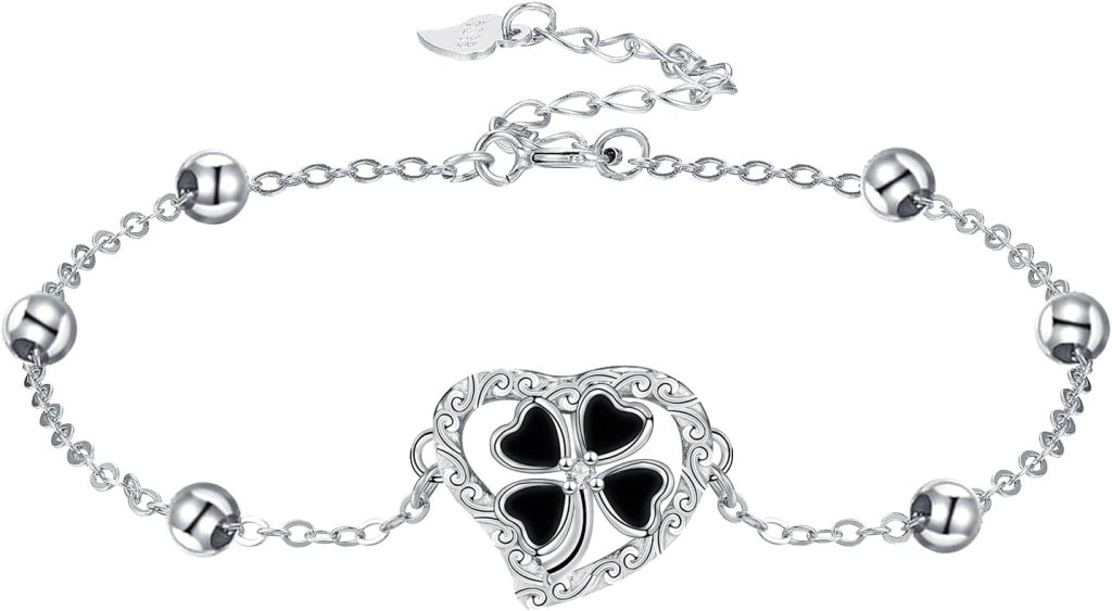 Women's 925 Sterling Silver Heart Bracelet with Four-Leaf Clover Pendant, Mother's Day Gift