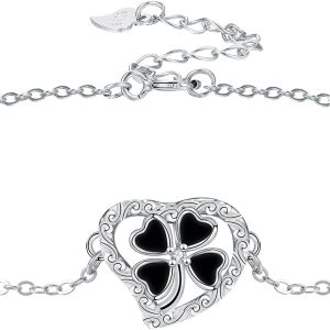 Women's 925 Sterling Silver Heart Bracelet with Four-Leaf Clover Pendant, Mother's Day Gift