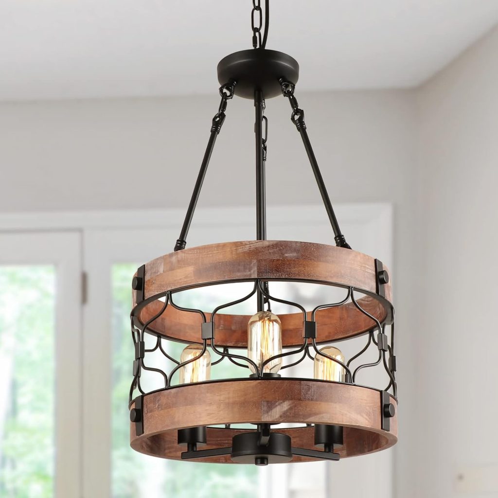 Giluta Round Wooden Chandelier Rustic Kitchen Island Pendant Lighting Fixture Three Lights Hanging Ceiling Lights for Dining Room Foyer, UL Listed