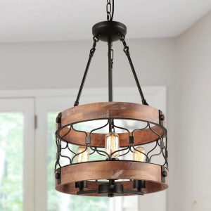 Giluta Round Wooden Chandelier Rustic Kitchen Island Pendant Lighting Fixture Three Lights Hanging Ceiling Lights for Dining Room Foyer, UL Listed