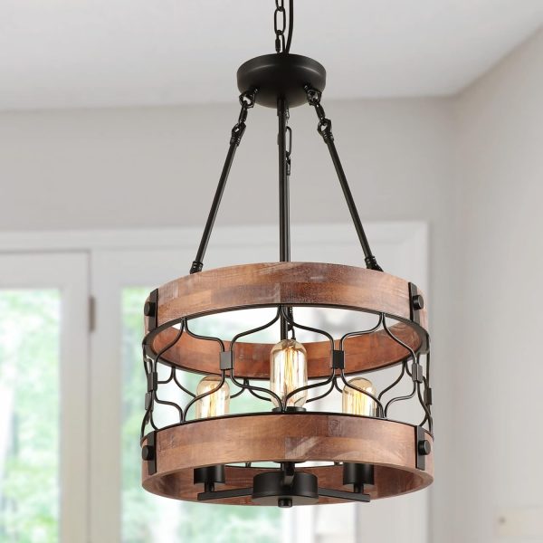 Giluta Round Wooden Chandelier Rustic Kitchen Island Pendant Lighting Fixture Three Lights Hanging Ceiling Lights for Dining Room Foyer, UL Listed