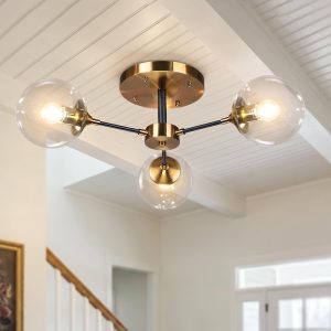 KCO MCM 3-Light Black Gold Flush Mount Ceiling Light Clear Glass Chandelie