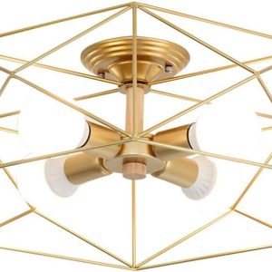 KCO Lighting Semi Flush Mount Ceiling Light 4-Light Black Metal Cage Ceiling Light Fixture Rustic Industrial Decor Lamp for Living Room Kitchen Hallway Farmhouse Lighting E26 (Gold)
