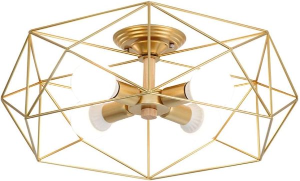 KCO Lighting Semi Flush Mount Ceiling Light 4-Light Black Metal Cage Ceiling Light Fixture Rustic Industrial Decor Lamp for Living Room Kitchen Hallway Farmhouse Lighting E26 (Gold)
