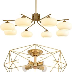 KCO Lighting Mid Century Modern Chandeliers Dining Room Pendant Light Fixture 8 Lights Gold Chandelier Pendant Light Gold Semi Flush Mount Ceiling Light 4-Light Metal Cage Ceiling Light Fixture