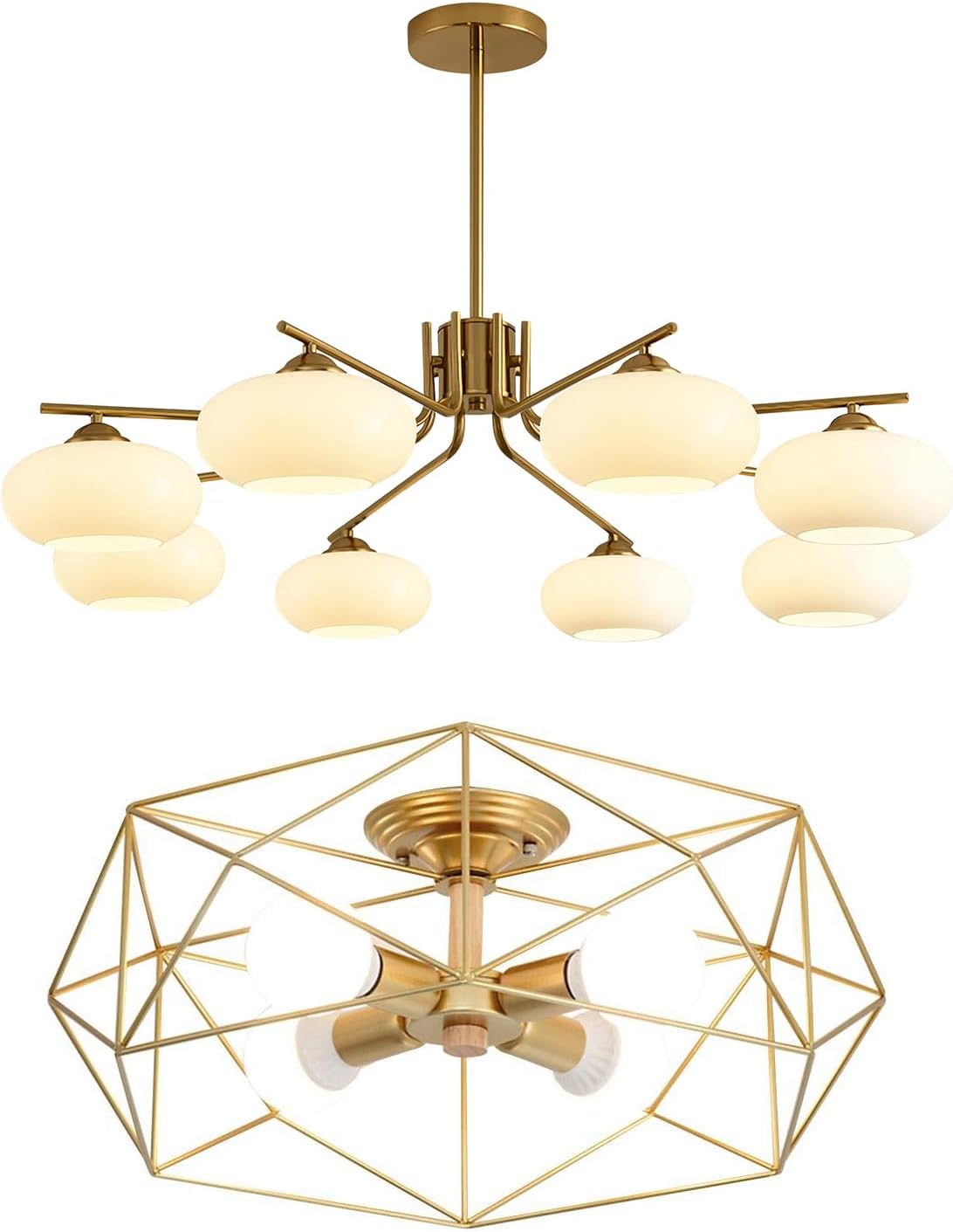 KCO Lighting Mid Century Modern Chandeliers Dining Room Pendant Light Fixture 8 Lights Gold Chandelier Pendant Light Gold Semi Flush Mount Ceiling Light 4-Light Metal Cage Ceiling Light Fixture
