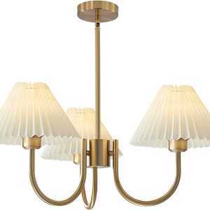 KCO Lighting 3 Light Chandelier Light Fixture Traditional Pleated Chandelier Small Vintage Entryway Chandelier Mid Century Modern Chandelier Brushed Gold Chandeliers for Dining Room