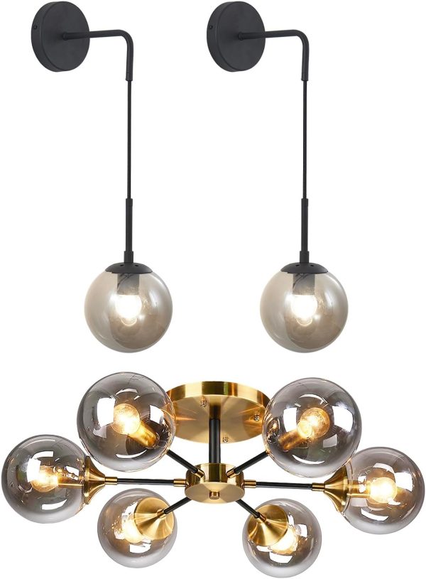 KCO Lighting Matte Black Wall Light Mid Century Modern Wall Sconce Lighting Glass Globe Wall Sconce Black and Gold Flush Mount Light Fixture Globe Semi Flush Mount Ceiling Light Hallway Ceiling Light