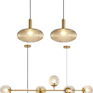 KCO Lighting Amber Glass Pendant Light Ribbed Ceiling Light Gold Single Pendant Light Modern Linear Chandelier Kitchen Island Pendant Lighting Dining Room Pendant Light Fixture