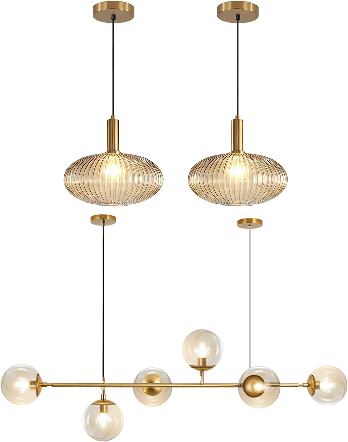 KCO Lighting Amber Glass Pendant Light Ribbed Ceiling Light Gold Single Pendant Light Modern Linear Chandelier Kitchen Island Pendant Lighting Dining Room Pendant Light Fixture