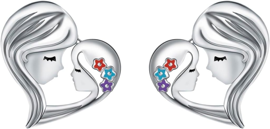 Women's 925 Sterling Silver Mother and Daughter Heart Stud Earrings, Christmas or Birthday Gift