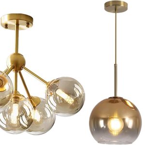 KCO Lighting Amber Glass Globe Sputnik Chandelier 5-Light Brass Gold Close to Ceiling Light for Kitchen Island Vintage Gold Glass Pendant Lights Set of 2 Living Room Lighting Fixtures