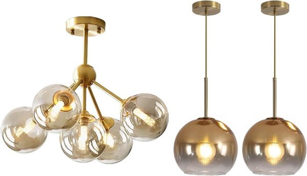 KCO Lighting Amber Glass Globe Sputnik Chandelier 5-Light Brass Gold Close to Ceiling Light for Kitchen Island Vintage Gold Glass Pendant Lights Set of 2 Living Room Lighting Fixtures