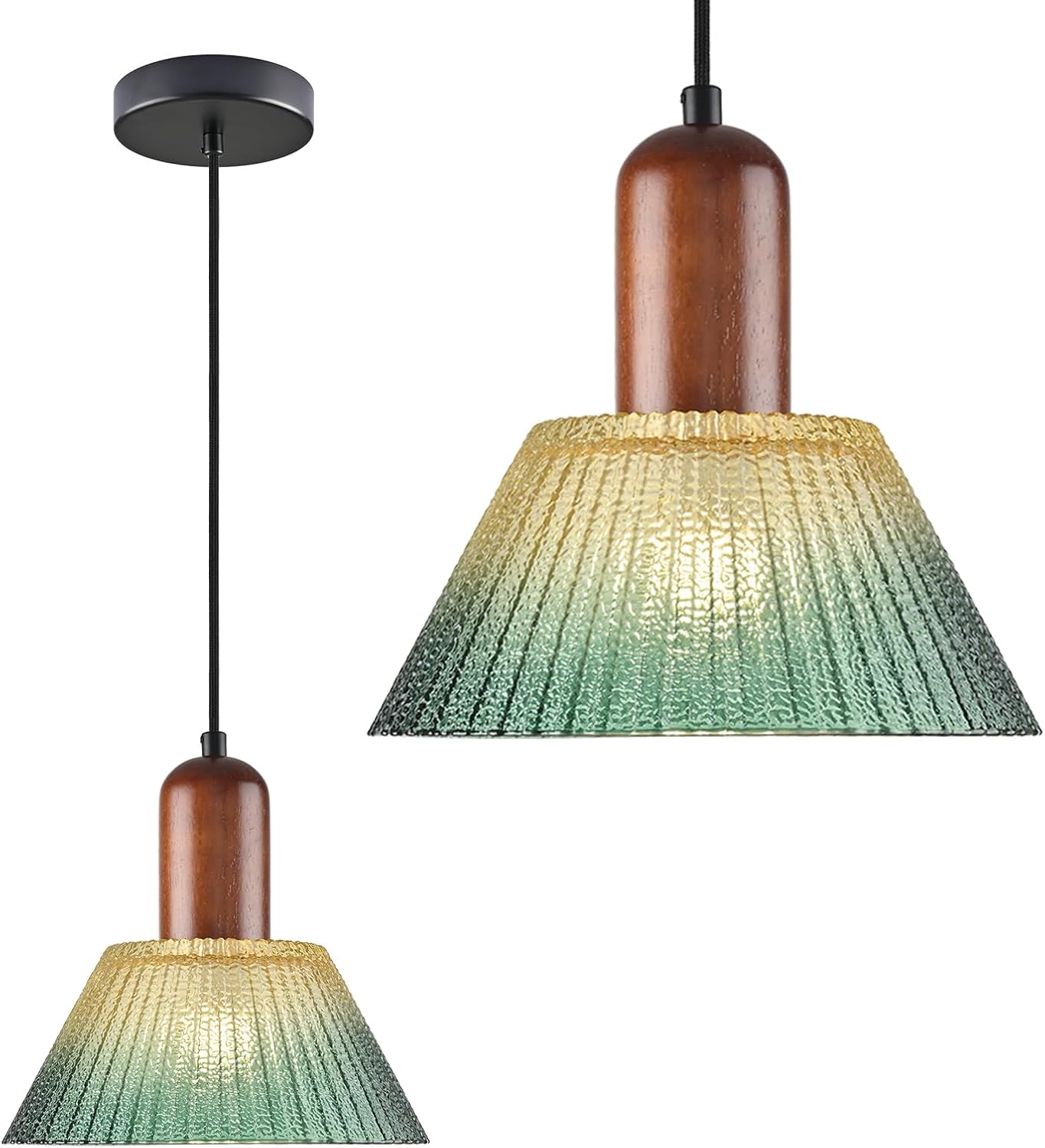 KCO 7.9” Vintage Green Cone Glass Pendant Light, Adjustable Hanging Lamp