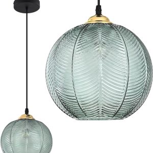 KCO Lighting Mid Century Nordic Green Ribbed Glass Pendant Light - Modern Matte Black Hanging Lamp with Leaf Vein Texture Globe for Kitchen Island Dining Room Bedroom (7.9" Globe, E26)
