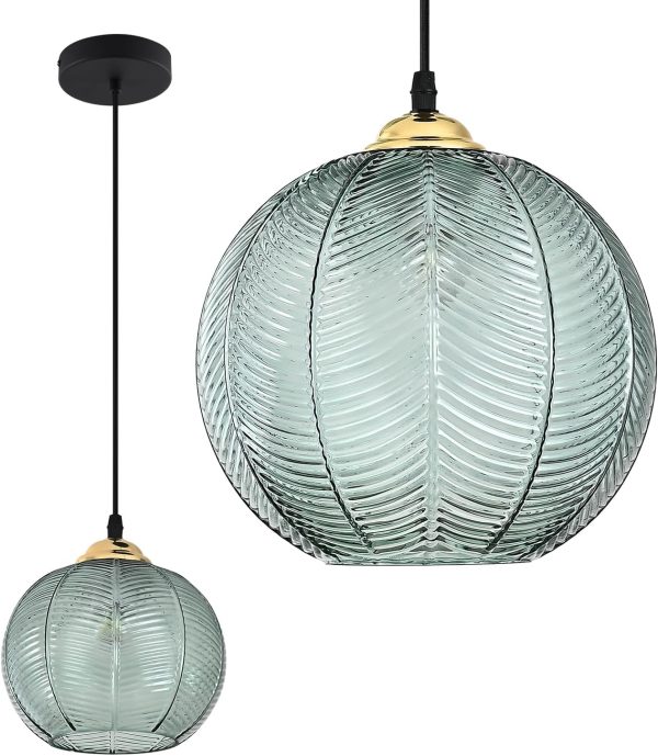 KCO Lighting Mid Century Nordic Green Ribbed Glass Pendant Light - Modern Matte Black Hanging Lamp with Leaf Vein Texture Globe for Kitchen Island Dining Room Bedroom (7.9" Globe, E26)