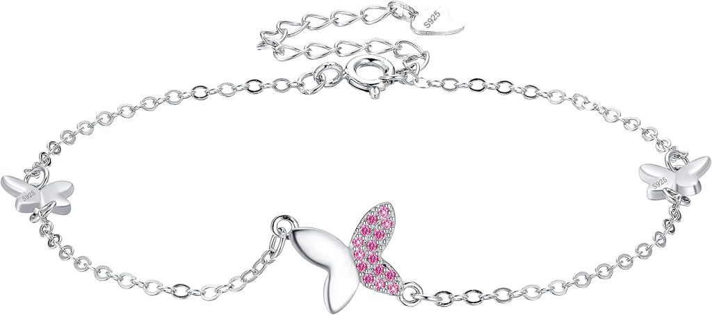 Women's 925 Sterling Silver Butterfly Anklet with Zirconia, Adjustable 22+4 cm Beach Jewelry