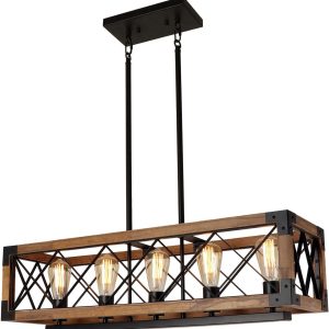 Giluta Rectangle Wood Chandelier Farmhouse Style Dining Room Kitchen Lighting Fixtures, 5 Lights Ceiling Hanging Pendant Lighting UL Listed
