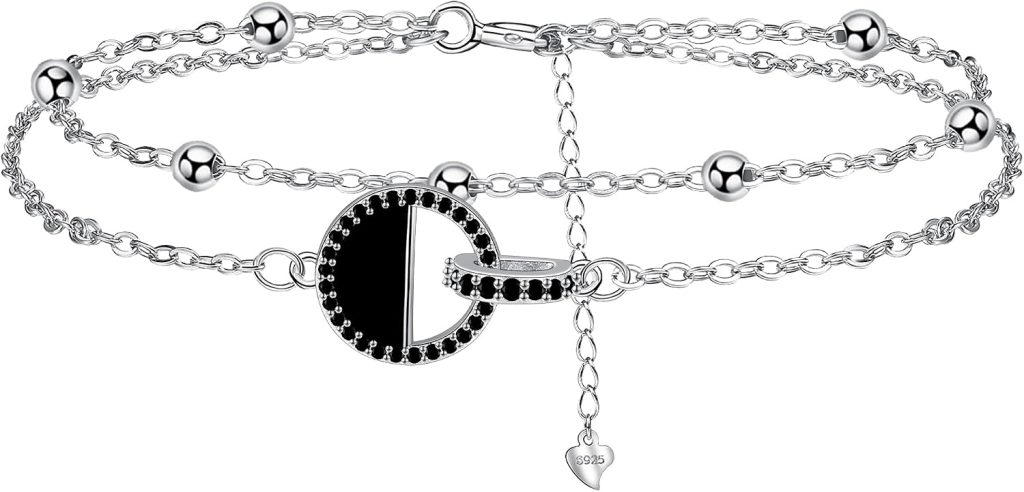 Women's 925 Sterling Silver Round Bracelet with Double Chain, Beads and Zirconia, Gift Box Included