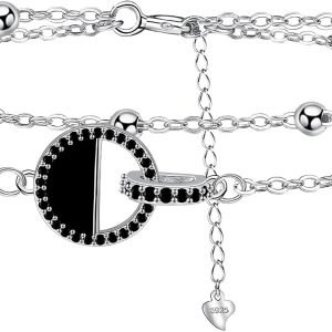 Women's 925 Sterling Silver Round Bracelet with Double Chain, Beads and Zirconia, Gift Box Included