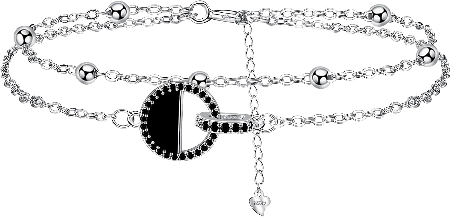 Women's 925 Sterling Silver Round Bracelet with Double Chain, Beads and Zirconia, Gift Box Included