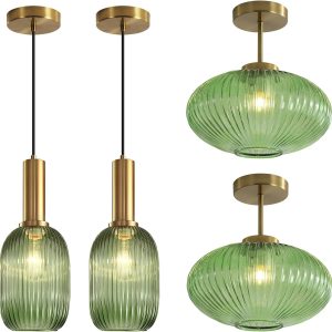 KCO Lighting Mini Vintage Green Glass Pendant Light Fixture Kitchen Island Minimalist Globe Hanging Lighting Set of 2 Antique Brass Globe Kitchen Semi Flush Mount Ceiling Light Fixture