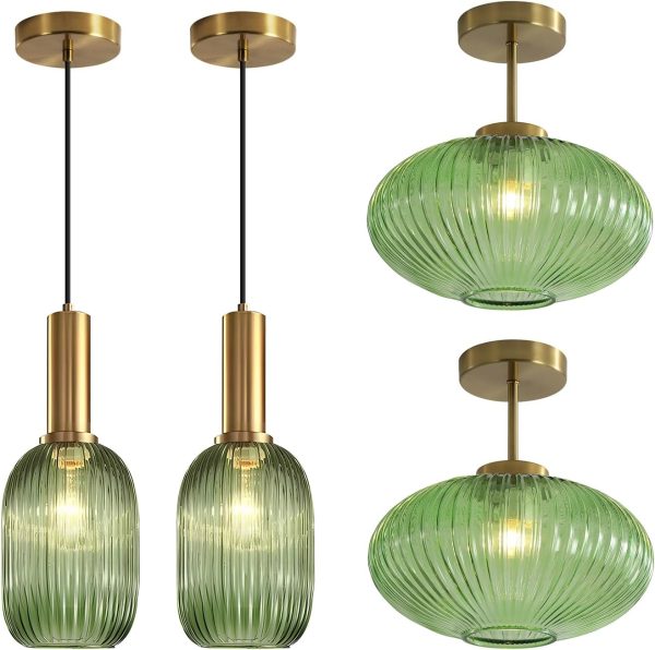 KCO Lighting Mini Vintage Green Glass Pendant Light Fixture Kitchen Island Minimalist Globe Hanging Lighting Set of 2 Antique Brass Globe Kitchen Semi Flush Mount Ceiling Light Fixture